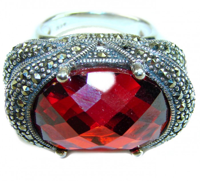 Bella Rosa Natural 28.4 carat Ruby Marcasite .925 Sterling Silver handmade Large Statement Ring size 7 - Close-up of Bella Rosa 28.4 carat ruby and marcasite sterling ring.