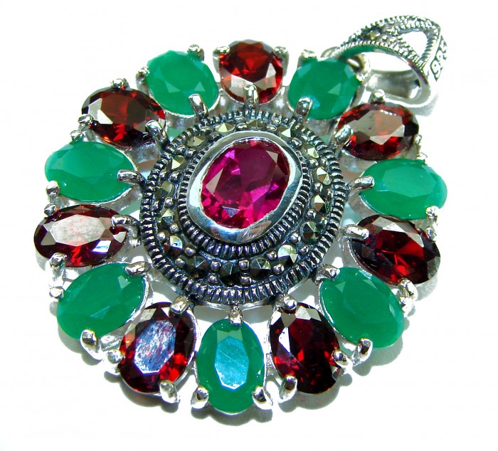 Giovanna 22.2 carat authentic Ruby Emerald Marcasite .925 Sterling Silver handmade Pendant - Close-up of Giovanna ruby, emerald, marcasite pendant.