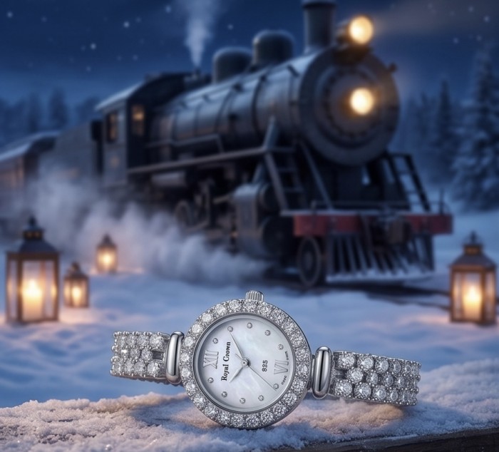 Precious 118.8 carat White Topaz .925 Sterling Silver handmade Bracelet - Watch - Elegant watch with white topaz on snow, train in background.