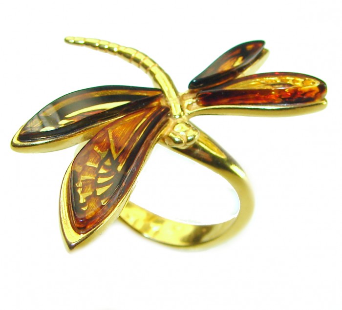 Butterfly Authentic Baltic Amber 14K Gold over .925 Sterling Silver handcrafted ring; s. 8 adjustable - photo 2