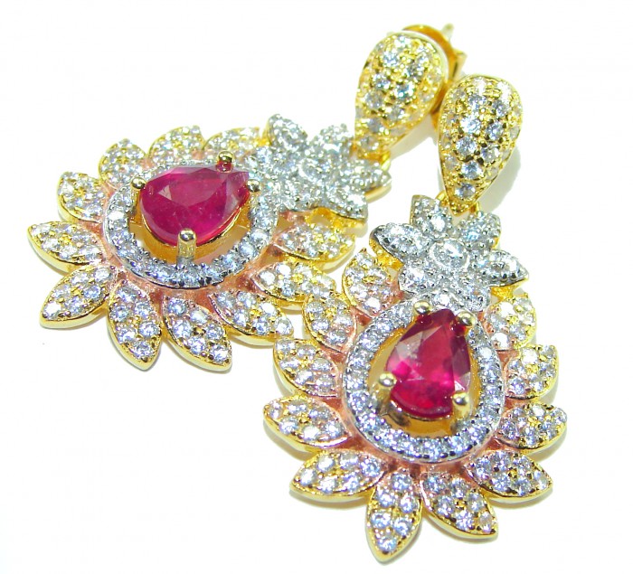 Bella Rosa authentic 3.2 carat Ruby White Sapphire 18K Gold over .925 Sterling Silver handcrafted Statement earrings - photo 4