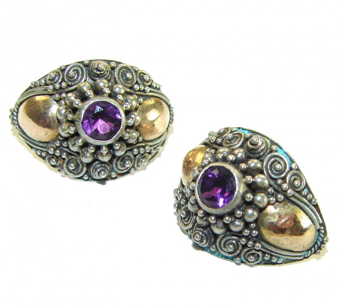 Authentic 4.5 carat Amethyst 2 tones .925 Sterling Silver handcrafted earrings - Amethyst sterling silver rings, intricate side view detailing.