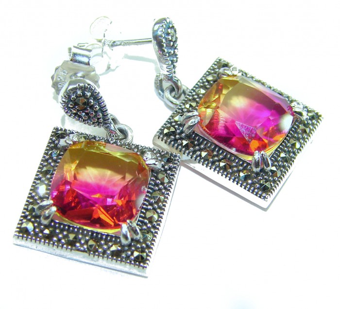 9.5 carat Ametrine Marcasite .925 Sterling Silver HANDCRAFTED Earrings - Ametrine marcasite earrings, close-up, .925 Sterling Silver handcrafted.