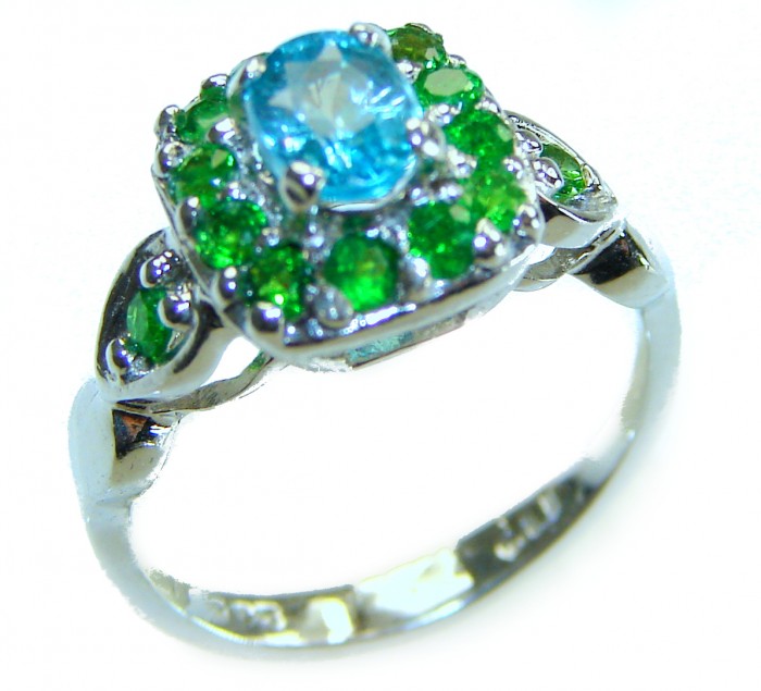8.5 carat authentic Swiss Blue Topaz .925 Sterling Silver handmade Statement Ring size 6 - Blue topaz and green stone ring in silver, close-up view.