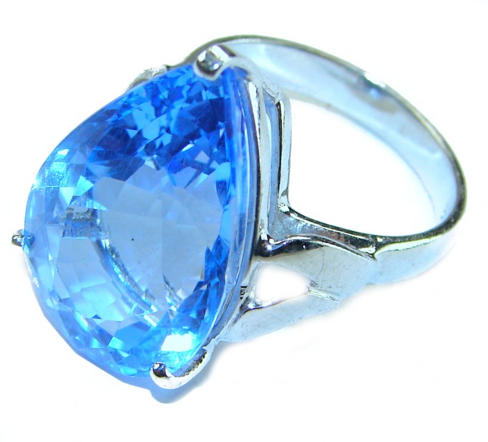 Blue Odyssey 4.5 carat authentic Swiss Blue Topaz .925 Sterling Silver handmade Statement Ring size 7 1/4 - Close-up of Blue Odyssey Swiss Blue Topaz ring in .925 silver setting.