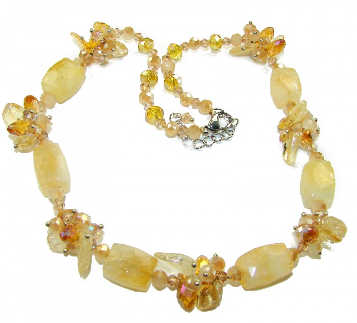 Dazzling vintage natural rough Citrine 14K Gold over .925 Sterling Silver handcrafted Large necklace - Close-up of vintage Citrine necklace with gold and gemstone details