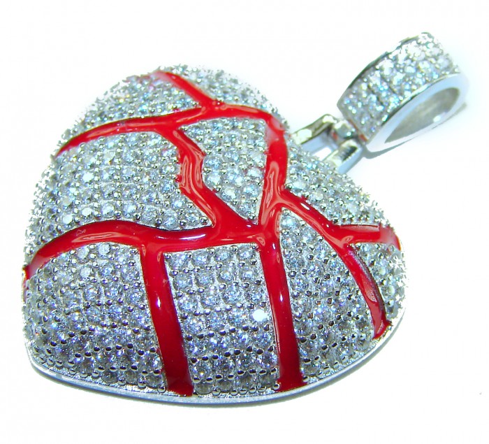 Lava Heart Luxurious 8.4 carat White Topaz .925 Sterling Silver handcrafted pendant - Lava Heart pendant close-up, white topaz with red enamel details.