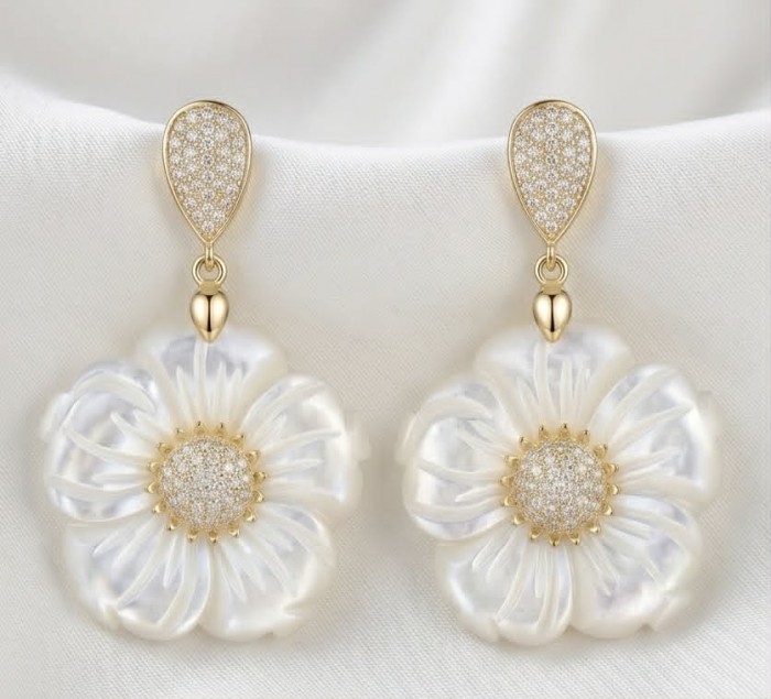 BLOOMING FLOWERS Genuine Blister Pearl 0.2 CARAT lab grown Diamond 18K Gold over .925 Sterling Silver handcrafted Statement Earrings - Front view of BLOOMING FLOWERS earrings with blister pearls.