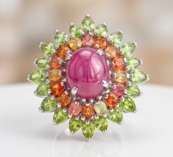 Giovanna Natural 29.4 carat Ruby .925 Sterling Silver dipped in rhodium handmade Large Statement Ring size 7 - Ruby ring stone close-up with green and orange accents.