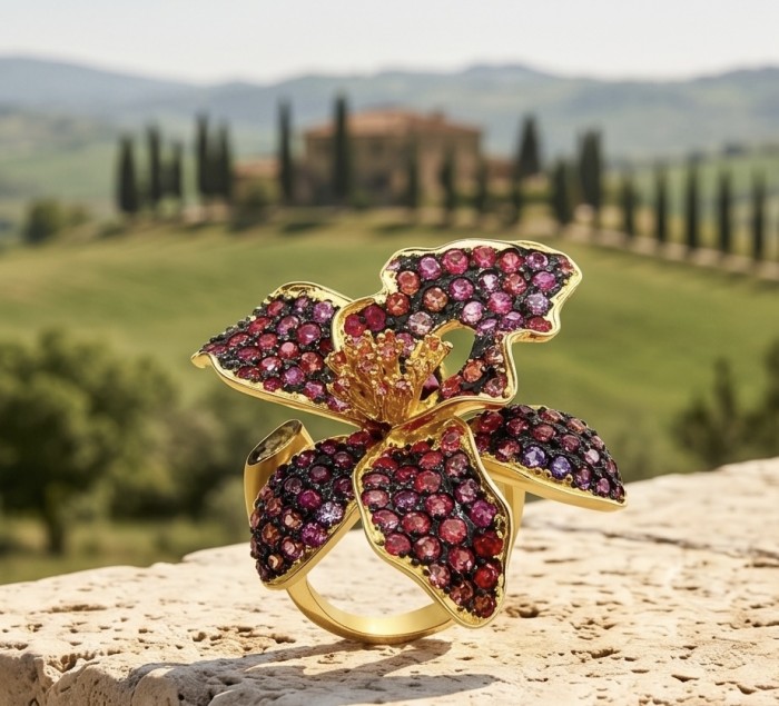 Red Lotus Natural pave 8.2 carat Ruby .925 Sterling Silver dipped IN 18k Gold handmade Statement Ring size 6 adjustable - Red Lotus 8.2ct Ruby Ring front view on stone in scenic backdrop