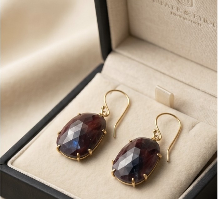 Bella Rosa Genuine 15.8 carat Ruby .925 Sterling Silver dipped in Gold Statement brilliantly handcrafted earrings - Ruby earrings in an open box, angled top view showing both stones