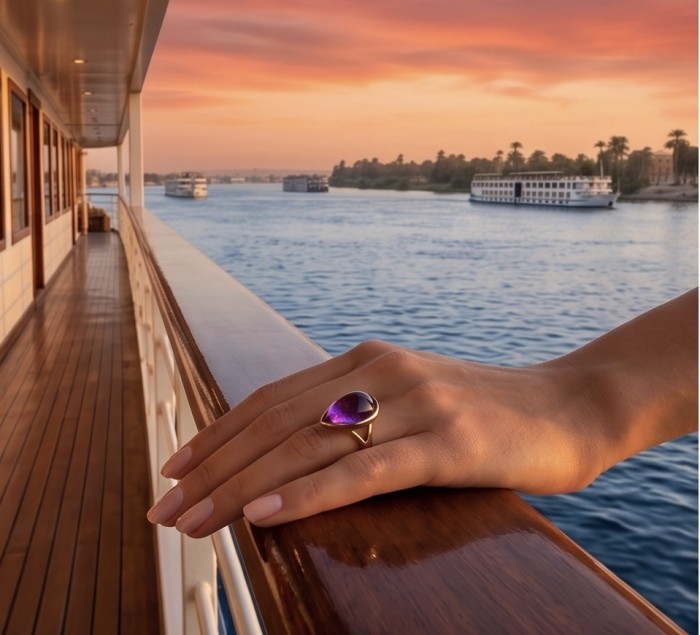 Top quality 23.5 carat Amethyst .925 Sterling Silver dipped in 18K Gold Handcrafted Large Ring size 8 - Amethyst ring worn on hand, river cruise deck view at sunset.