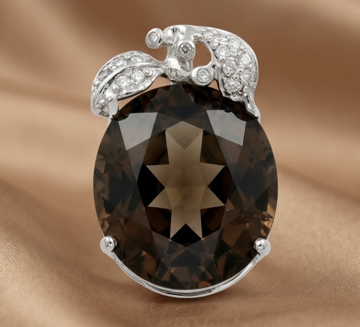 Juicy Fruit 24.5 carat Brazilian Smoky Topaz .925 Sterling Silver dipped in black Rhodium handmade Pendant - Close-up of Juicy Fruit 24.5 carat Brazilian Smoky Topaz pendant.