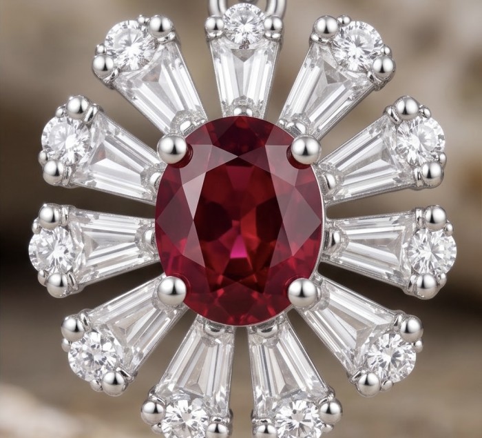 Giovanna - 4.5 carat Ruby .925 Sterling Silver handcrafted incredible earrings - Close-up of ruby and diamond pendant in sterling silver.