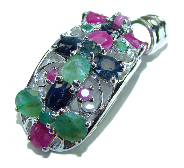 Precious Genuine 10.5 carat Emerald Ruby Sapphire .925 Sterling Silver handmade Pendant - photo 2