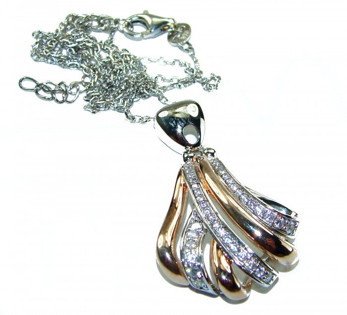 Dazzling Beauty - White Topaz 2 tones .925 Sterling Silver handcrafted necklace - Pendant with chain close-up, showing two-tone design and gemstones.