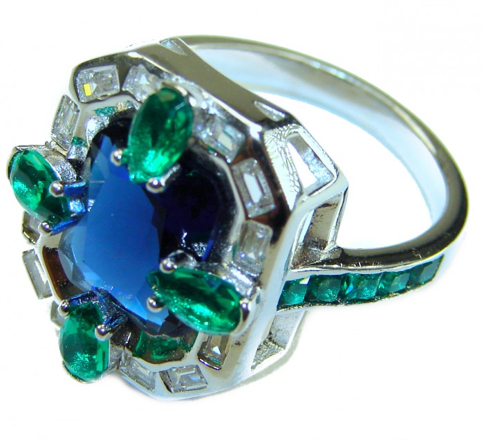 Art Deco 8.6 ctw Sapphire Emerald .925 Sterling Silver handcrafted Statement Ring size 8 - Close-up of Art Deco Sapphire Emerald Sterling Silver ring.