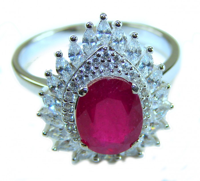 Natural 5.9 carat Ruby .925 Sterling Silver handmade Statement Ring size 7 1/4 - Close-up of handmade 5.9 carat ruby ring with diamonds in sterling silver.