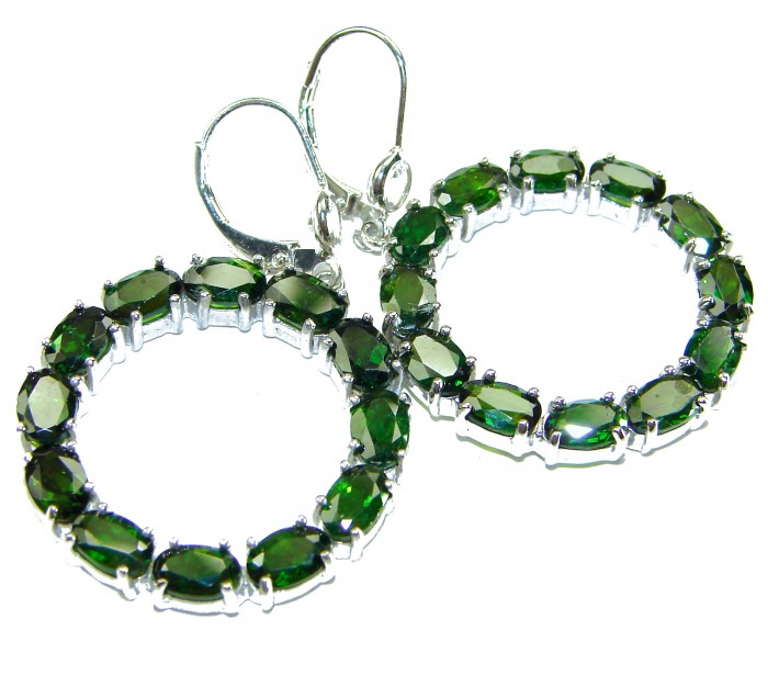 Authentic 22.9 carat CHROME DIOPSIDE from Siberia .925 Sterling Silver handmade Large Statement earrings - Hoop earrings with green chrome diopside stones, front view.