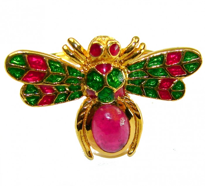 Lucky Bee Enamel 2.2 CARAT Ruby 18K Gold over .925 Sterling Silver Huge handcrafted Ring s. 7 - Gold and enamel bee ring with ruby, front view.