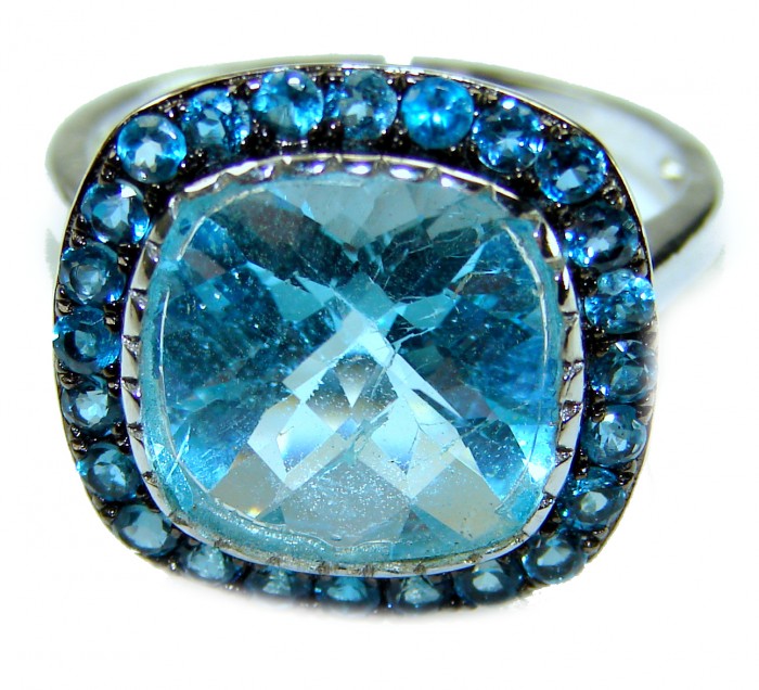 Gabriella 10.2 carat authentic assher cut Swiss Blue Topaz .925 Sterling Silver handcrafted Statement Ring size 9 - Close-up of Gabriella 10.2 carat Swiss Blue Topaz ring.