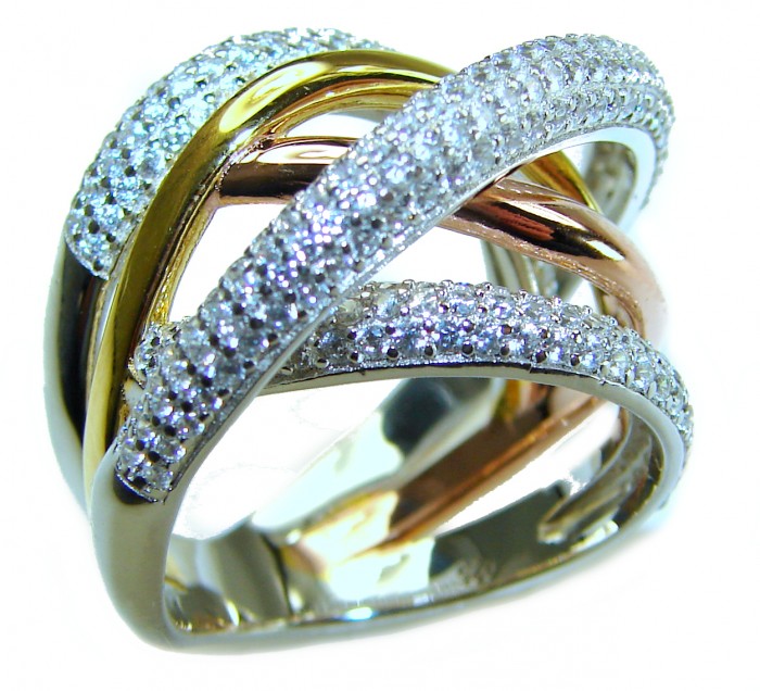 SPECTACULAR Three Tones Sterling Silver Italy made .925 STERLING Ring size 6 - Three-tone sterling silver ring, angled view with diamond accents.