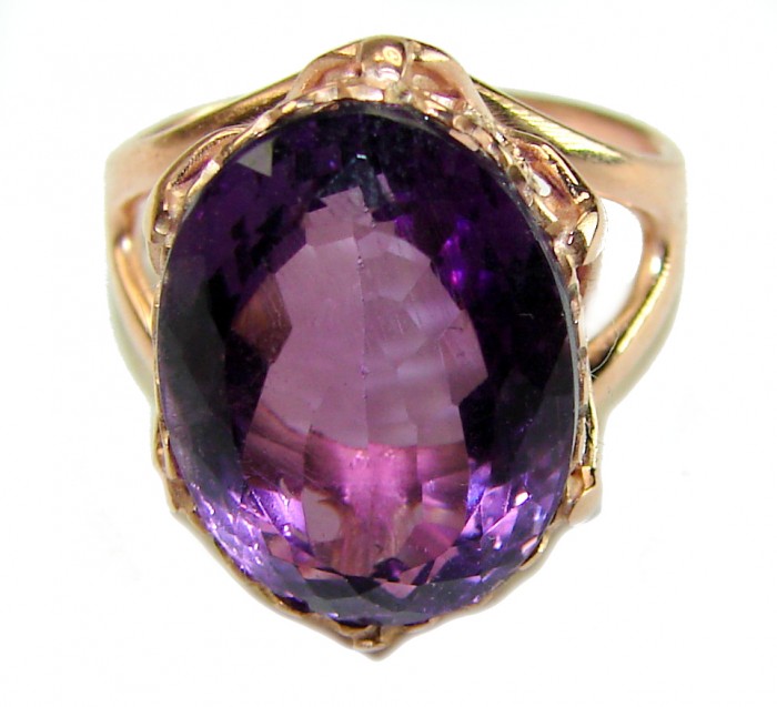 12.2 carat Amethyst 14K Rose Gold over .925 Sterling Silver Handcrafted Ring size 7 - Close-up of 12.2 carat amethyst ring in 14K rose gold over sterling silver.