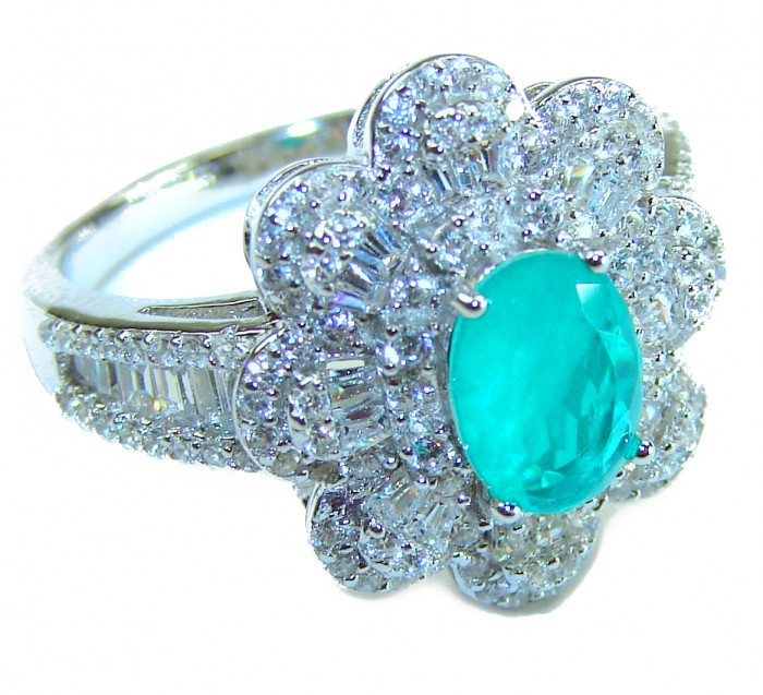 Authentic 3.7 carat Colombian Emerald .925 Sterling Silver handcrafted Ring size 7 - Emerald ring close-up with diamond halo in sterling silver.