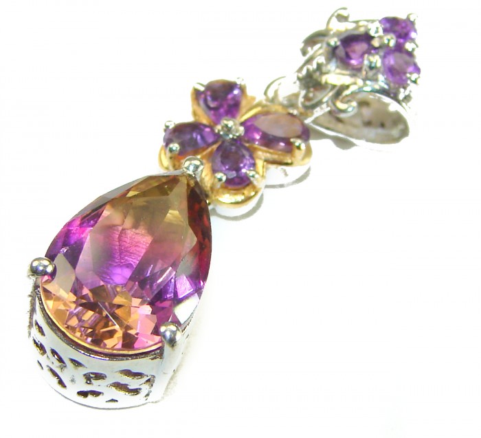 Rare baguette cut 12.5 carat authentic Ametrine 2 tones .925 Sterling Silver handmade Pendant - Close-up of a rare 12.5 carat Ametrine pendant with floral accents.