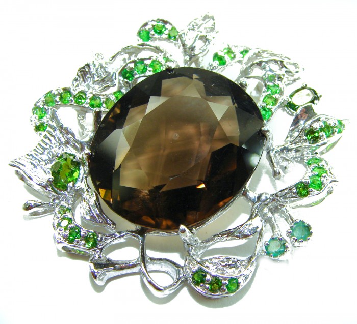 Authentic 55.5 carat carved Smoky Topaz Emerald .925 Sterling Silver handmade Statement Pendant - Close-up of 55.5 carat Smoky Topaz and Emerald in sterling silver setting.