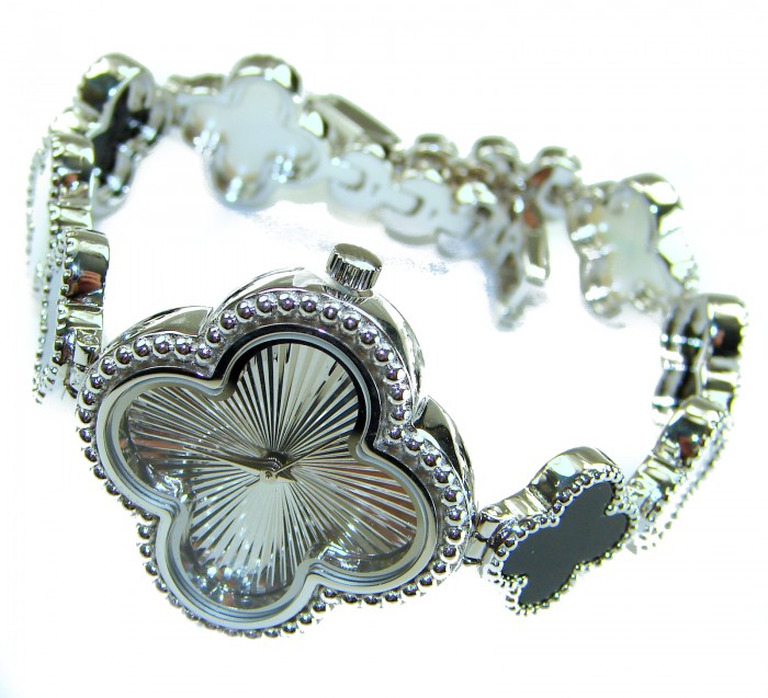 Precious Authentic Blister Pearl Onyx .925 Sterling Silver handmade Bracelet Watch - Close-up of clover-shaped sterling silver bracelet watch.