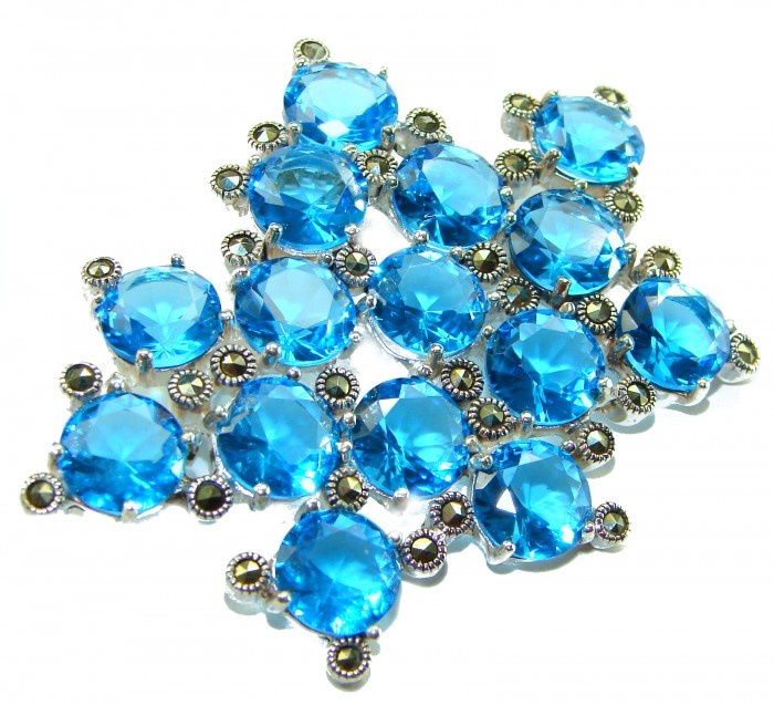 Blue Galaxy Authentic 45.5 carat Swiss Blue Topaz .925 Sterling Silver DIPPED IN RHODIUM handmade LARGE Pendant - Brooch - Close-up of Blue Galaxy Swiss Blue Topaz jewelry with silver accents