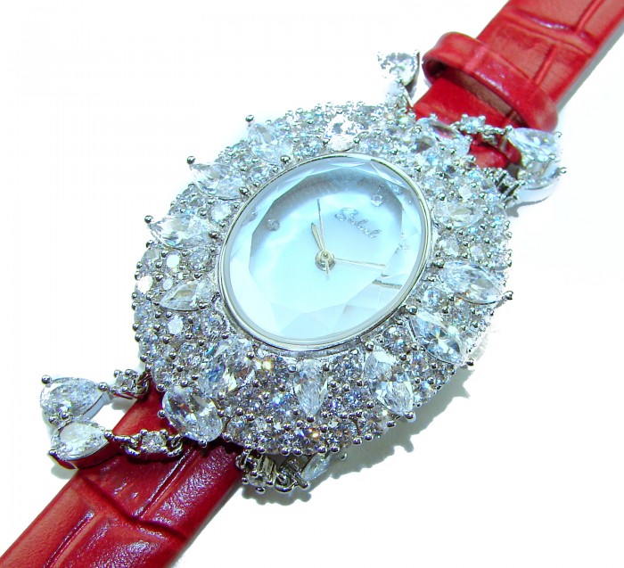 Precious 18.5 carat Authentic Red Genuine Leather strap .925 Sterling Silver handmade Watch - Elegant watch with diamond-studded face and red leather strap, close-up.