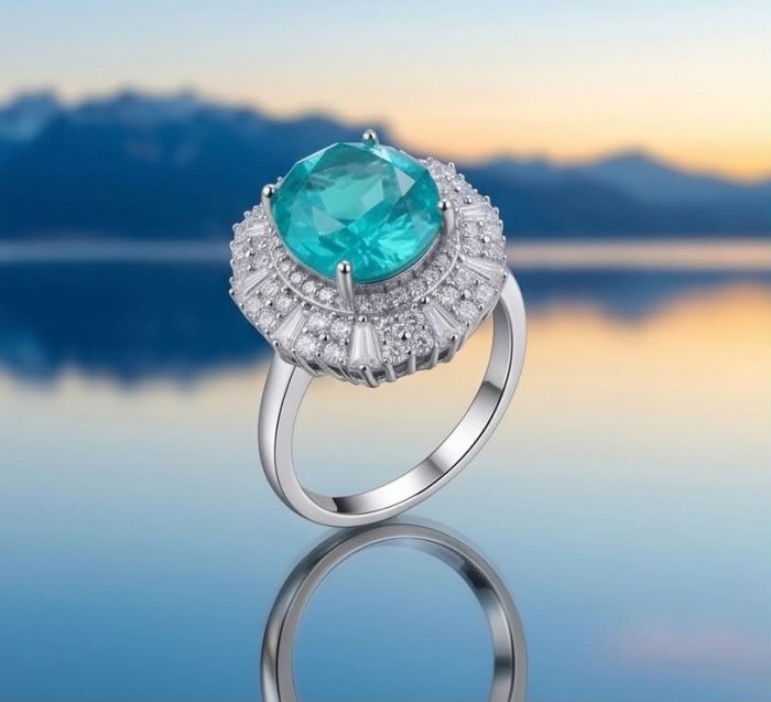 Wonderland 10.5 carat Brazilian Paraiba Tourmaline .925 Sterling Silver Handcrafted Ring size 9 - Paraiba tourmaline ring with diamonds, side view against serene landscape