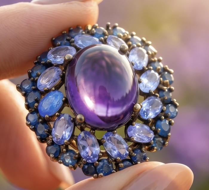 Mademoiselle - 10.4 carat natural Amethyst .925 Sterling Silver dipped in 22K White Gold handcrafted Pendant - Close-up of Mademoiselle amethyst ring with blue gemstones.