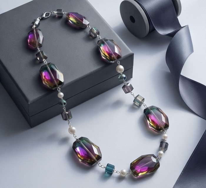 Bohemian Style Genuine Titanium Aura Quartz .925 Sterling Silver handmade necklace - Bohemian titanium quartz necklace, top view, on a gift box with ribbon.