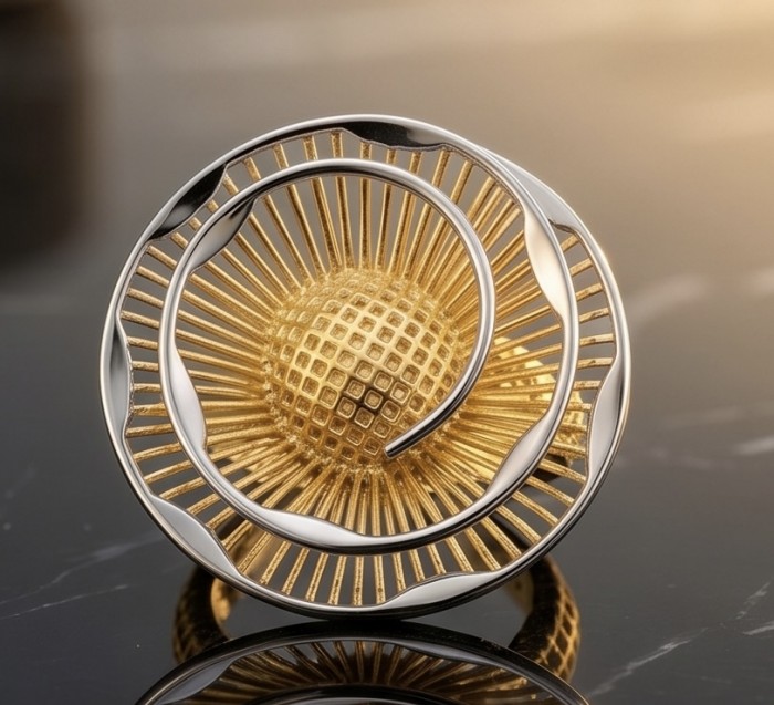 Dubai Style - .925 Sterling Silver dipped in 22K Gold handmade Large ring size 7 - Front view of gold and silver circular brooch on marble surface