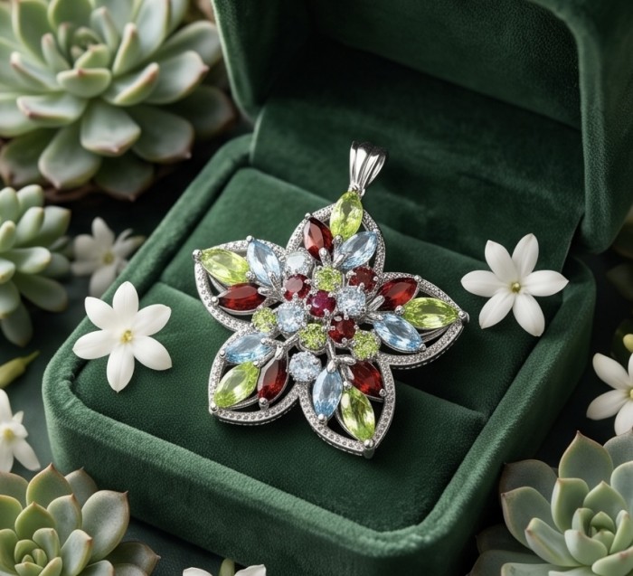 Colors of the Earth Precious 24.5 carat Multigem .925 Sterling Silver dipped in rhodium Pendant - Multigem floral pendant in box, top view, surrounded by flowers.