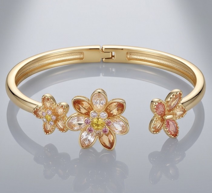 12.2 carat Blooming Garden Natural multicolot Topaz 14k Gold over .925 Sterling Silver handcrafted Statement Bracelet - Gold bracelet with multicolor topaz flowers, front view.