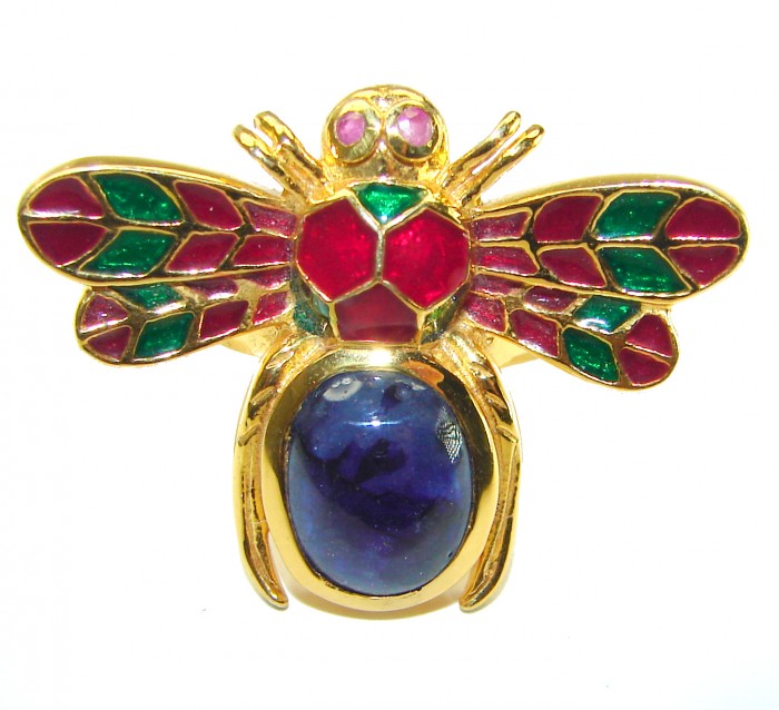 Lucky Bee Enamel Sapphire 18K Gold over .925 Sterling Silver Huge handcrafted Ring s. 6 1/2 - photo 3