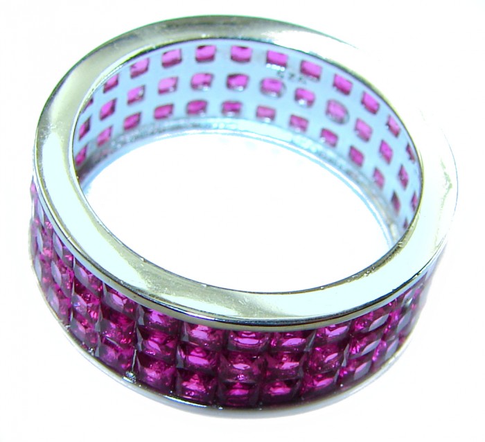Born to Glam authentic Ruby .925 Silver handcrafted Eternity Ring s. 7 - Top angle of ruby and silver eternity ring showcasing stones