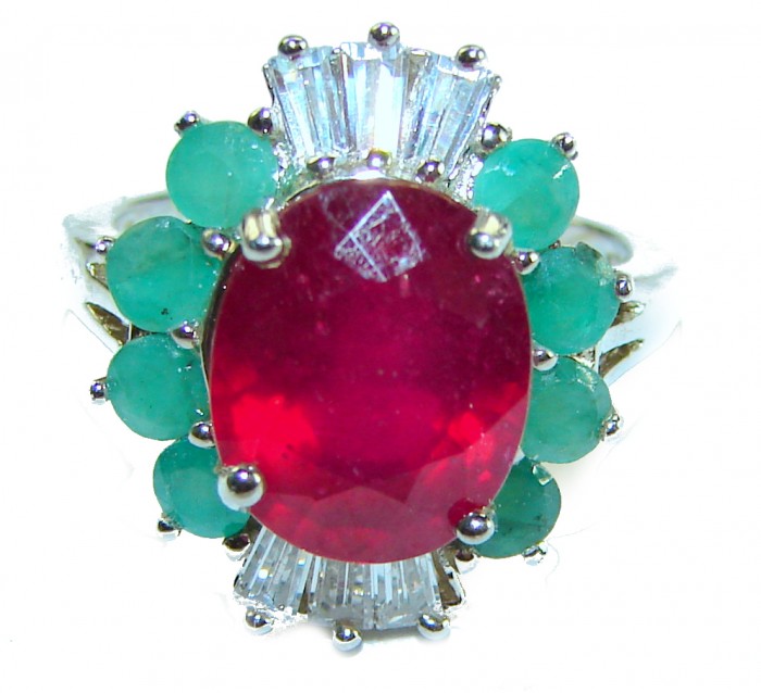 Art Deco Genuine 6.5 CARAT Ruby .925 Sterling Silver Statement Ring size 6 - Close-up of Art Deco ring with ruby and turquoise stones.