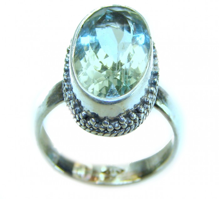 Green Ivy 6.2 CARAT Green Amethyst Prasolite .925 Sterling Silver handmade Ring s. 8 - Close-up of Green Amethyst ring with textured sterling silver setting.