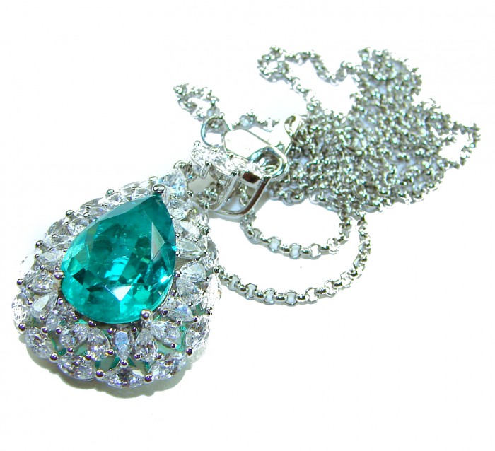 Brazilian's Briliance - Pear cut 14.5 carat Aquamarine .925 Sterling Silver handcrafted necklace - Aquamarine stone close-up with diamond accents on chain.