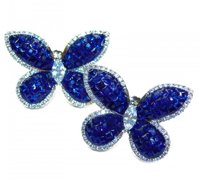 Magnificent Jewel Sapphire Butterflies .925 Sterling Silver handcrafted incredible earrings - Sapphire butterfly earrings, top view, .925 Sterling Silver