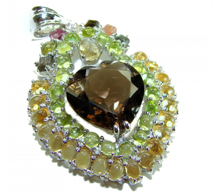 PRECIOUS HEART 25.5 carat SMOKY TOPAZ - Prasolite .925 Sterling Silver handcrafted pendant - Close-up of heart-shaped smoky topaz pendant with colorful gemstones.