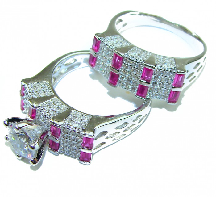 Extravaganza 18.5 carat White Topaz Ruby .925 Sterling Silver brilliantly handcrafted stack up ring s. 7 - Topaz and ruby rings in sterling silver, angled side view.