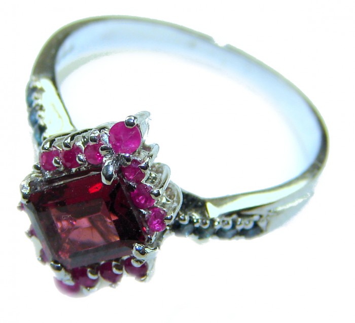 Natural 3.9 carat Ruby .925 Sterling Silver handmade Statement Ring size 7 - Side view of ruby ring with sterling silver setting and accents.