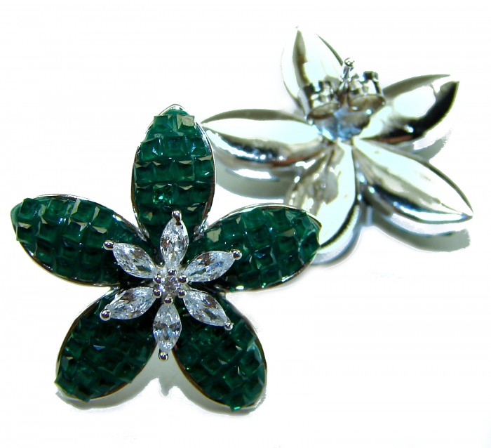 Incredible green Flowers genuine 10.5 CARAT Emerald .925 Sterling Silver handcrafted Earrings - Emerald floral earrings, diamond center, front and back view.