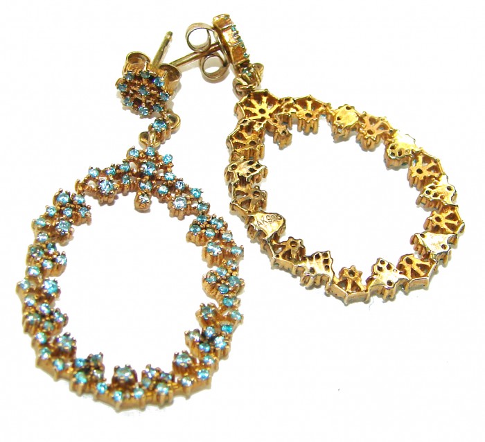 Pure Serenity 8.5 carat genuine Swiss Blue Topaz 18K Gold over .925 Sterling Silver handmade Statement earrings - Close-up of Pure Serenity Swiss Blue Topaz 18K Gold earrings